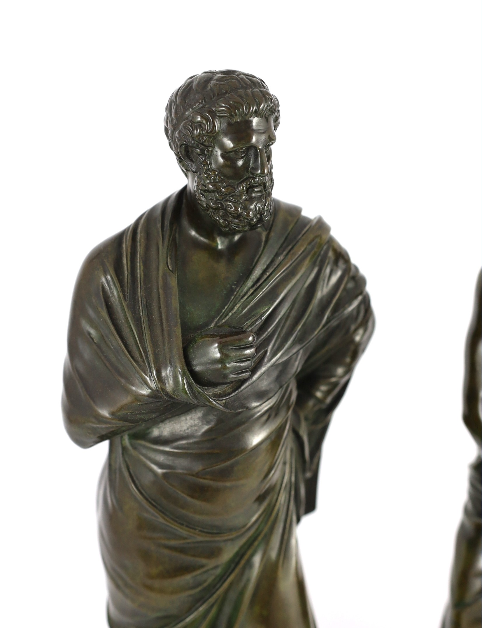 Ferdinand Barbedienne (French, 1810-1892). A pair of bronze figures of Sophocles and Demosthenes, height 43cm and 41cm